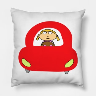 Girl driving in a red car. Interesting design, modern, interesting drawing. Hobby and interest. Concept and idea. Pillow