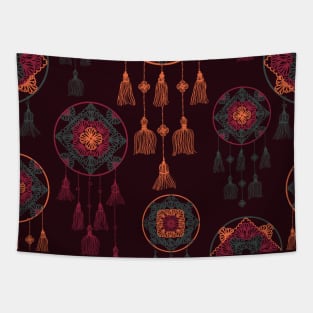 Magenta, orange and green dreamcatcher over dark background Tapestry