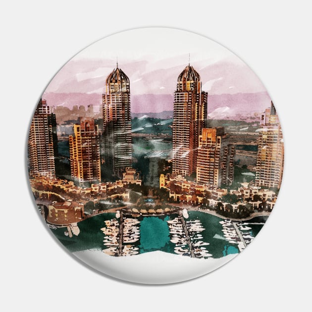 Dubai UAE Unique Watercolor Travel Souvenir Fine Art Painting Pin by Naumovski