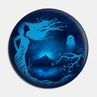 Blue Owl Woman Tree Pin