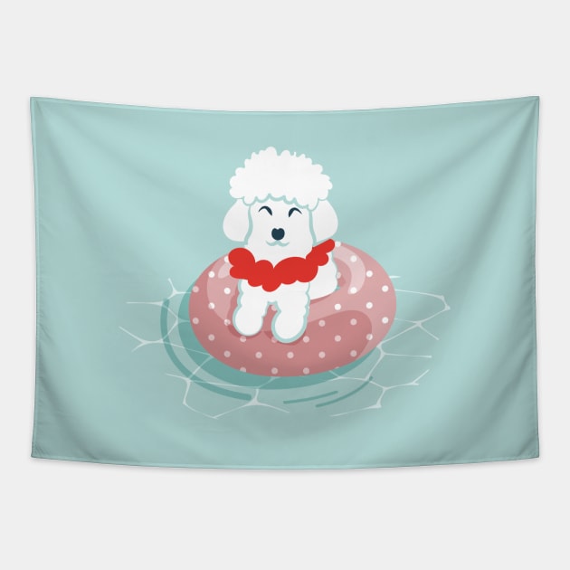 Summer pool pawty // aqua background poodle dog breed in vacation playing on swimming pool Tapestry by SelmaCardoso