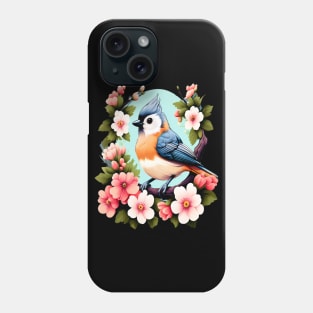 Cute Tufted Titmouse Surrounded by Vibrant Spring Flowers Phone Case