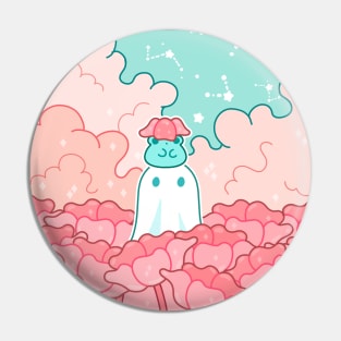 A ghost and a frog wearing a flower hat in a flower field Pin