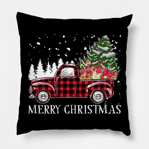 Merry Christmas Truck Tree Red Buffalo Plaid Xmas Pajamas Pillow by Happy Shirt