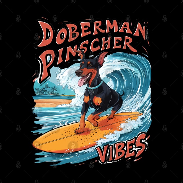 Surfing Doberman Pinscher Riding Tropical Wave by coollooks