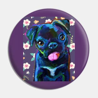 Cute BLACK PUG PUPPY with Vintage Flowers by Robert Phelps Pin