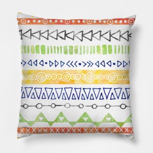 Yellow Green Orange Black Turquoise Hand Drawn watercolor tribal geometric Pattern Pillow