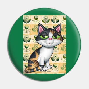 Cute Calico Cat in front of greenish flowers Pin