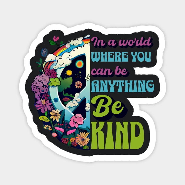 In a World Where You Can Be Anything Be Kind - Peace Hippie Flowers Earth Magnet by Unified by Design