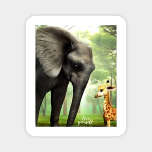 Love Yourself: Motivational Digital Art of an Elephant and Baby Giraffe in the Jungle Magnet