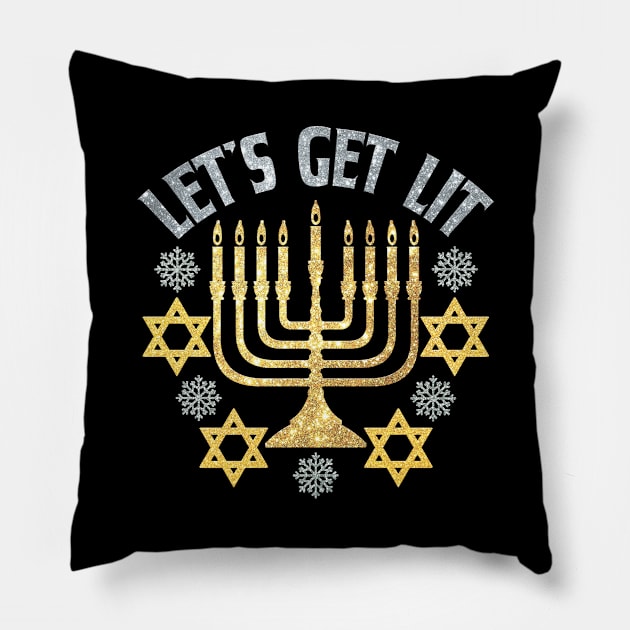 Let's Get Lit - Happy Hanukkah - Jewish Holiday Gift For Men, Women & Kids Pillow by Art Like Wow Designs