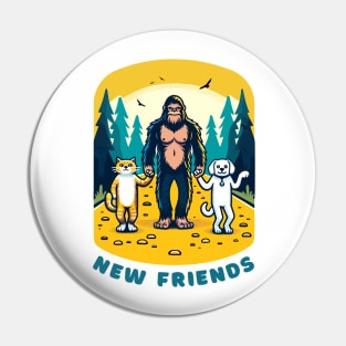 Big Foot Sasquatch becomes friends with a cat and a dog, funny t-shirt for lovers of cats, dogs and the outdoors. Pin