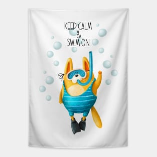 Keep Calm and Swim On Funny Cat Diver Tapestry