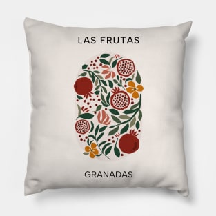 Las Frutas: Granadas - Fruit and flower market poster with pomegranates, blossoms, and leaves Pillow