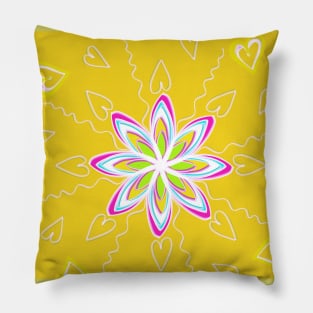 Yellow Mandala with Hearts and  Pink, White, Blue, and Green Flower Pillow