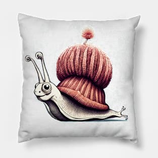 Cute snail wearing a pom pom toque Pillow