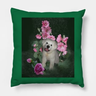 Sweet Puppy and Pink Flowers Pillow