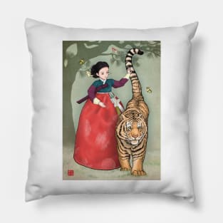 Woman and Tiger in Hanbok Pillow