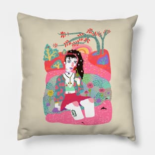 Girl sitting alone in the grass by the river Pillow