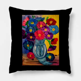 fun and colorful abstract flowers set against a multi-color background Pillow