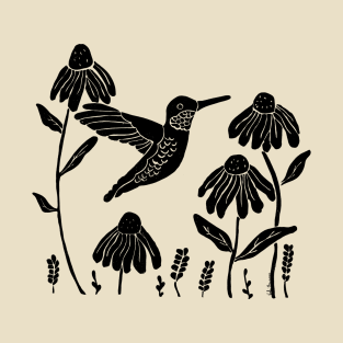 Linocut hummingbird and flowers T-Shirt