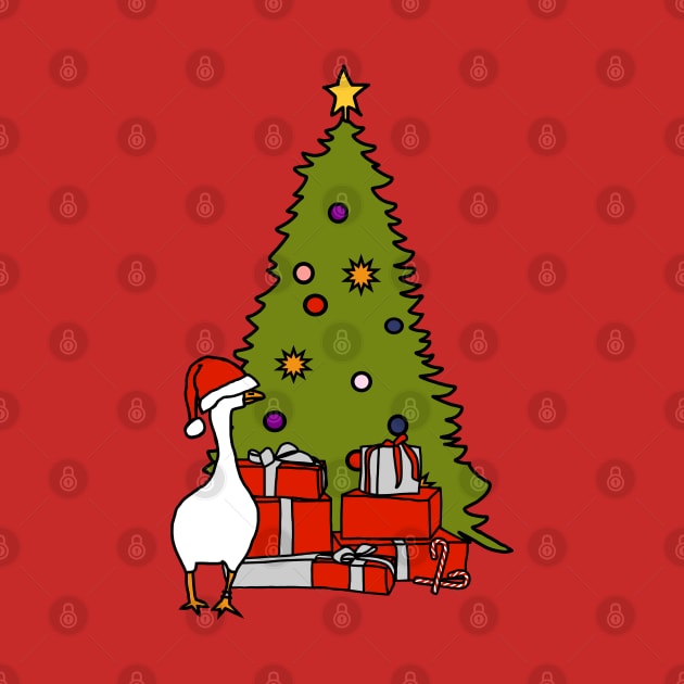 Goose with Stolen Santa Hat by Christmas Tree by ellenhenryart