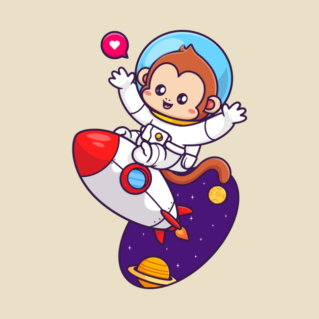 Cute Monkey Astronaut Flying With Rocket In Space Cartoon by Catalyst Labs