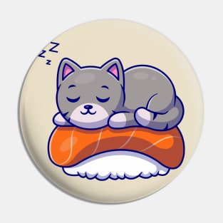 Cute Cat Sleeping On Sushi Salmon Cartoon Pin