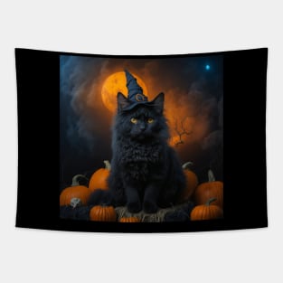 A lovely black witch cat on Halloween Tapestry