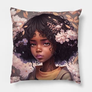 Kawaii Beautiful Floral Anime Black girl - Cute Black girl birthday Pillow