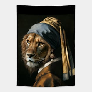 Wildlife Conservation - Pearl Earring Lion Meme Tapestry