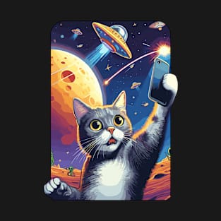 Cute And Funny Cat Selfie With UFOs Behind T-Shirt