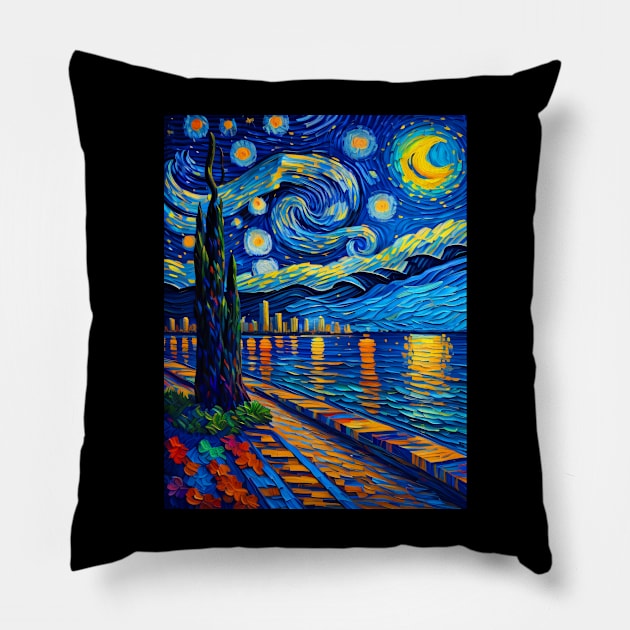 Miami beach at starry night Pillow by FUN GOGH