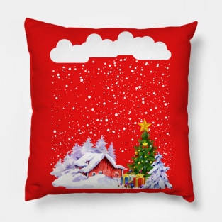 Cozy snow cabin mountain snow storm snowy Christmas tree Pillow