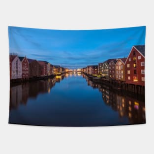 The old city of Trondheim and Nidelva River at evening. Norway Tapestry