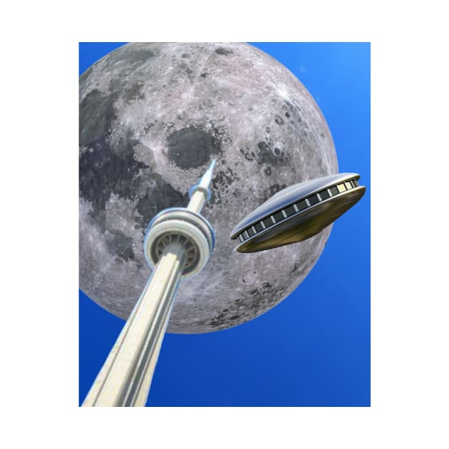 Toronto CN Tower Under A full Moon With Flying Saucer by Courage Today Designs