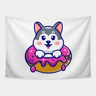 Cute baby husky with doughnut cartoon Tapestry