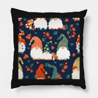 Autumn Gnomes with Long White Beards and Knitted Hats on Blue Background Pillow