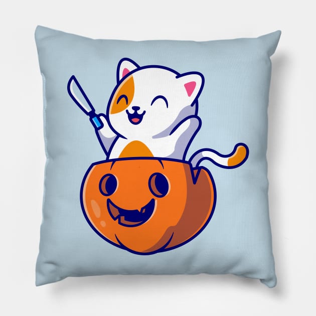 Cute Cat Holding Knife In Pumpkin Helloween Cartoon Pillow by Catalyst Labs