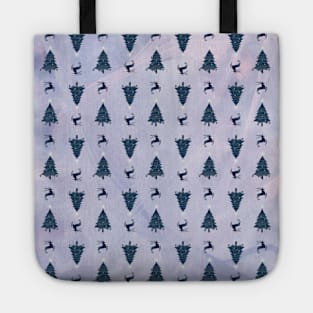 Pretty Navy Christmas Trees & Reindeer Pattern on Pink Purple Ombre Tote