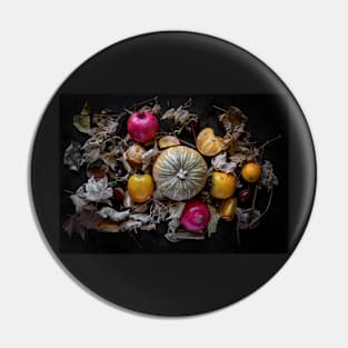 Autumnal background with dried leaves and various fruits Pin