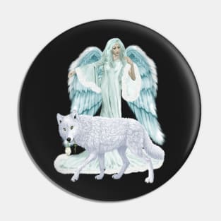 Fantasy Art Winter Angel And Wolf Pin