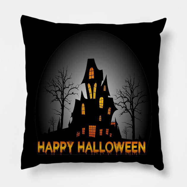 Scary Halloween Castle At Night Scenery Silhouette Halloween Night Background With Castle And Fearful Trees Spooky Haunted Castle Scene Pillow by Modern Art