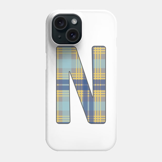 Monogram Letter N, Blue, Yellow and Grey Scottish Tartan Style Typography Design Phone Case by MacPean