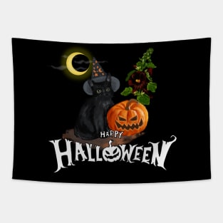 Black cat Halloween - black hollyhock Tapestry