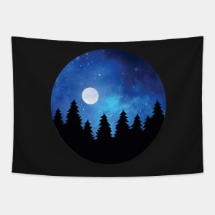 Night sky, Pine tree, Galaxy, Forest, Full Moon, Camping Tapestry