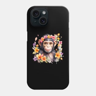 A baby chimpanzee decorated with beautiful watercolor flowers Phone Case