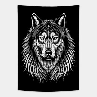 Alaskan Malamute Dog Portrait/Face White on Black Tapestry