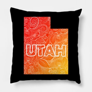 Colorful mandala art map of Utah with text in red and orange Pillow