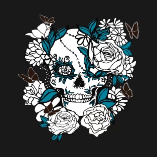 Skull Line Drawing with Butterflies and Flowers in Blue and Black T-Shirt